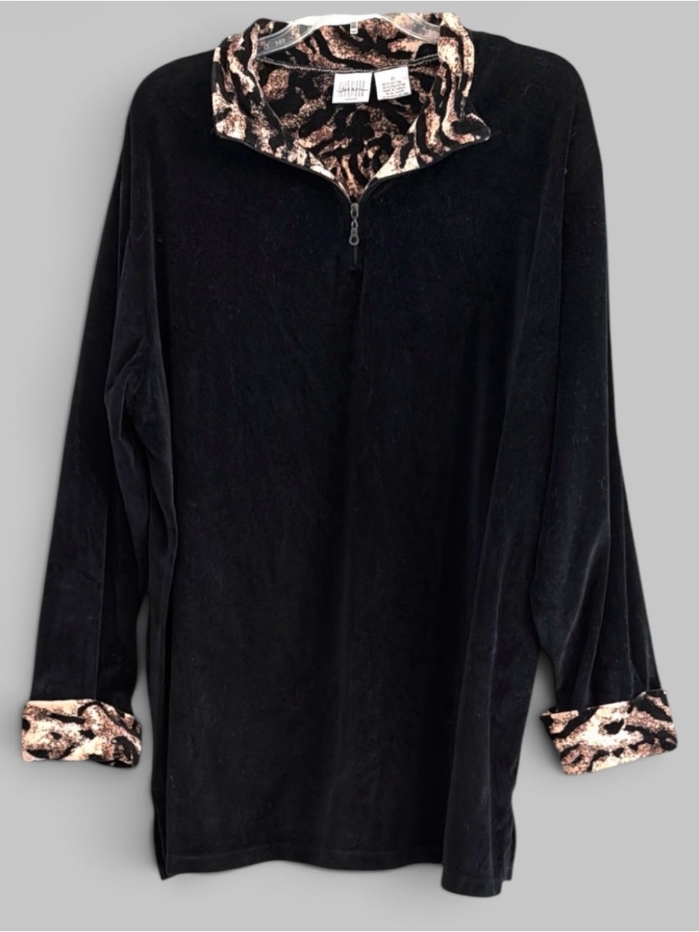 jason maxwell Black Velour Quarter-Zip Pull Over Top with Leopard-Print Trim 2X